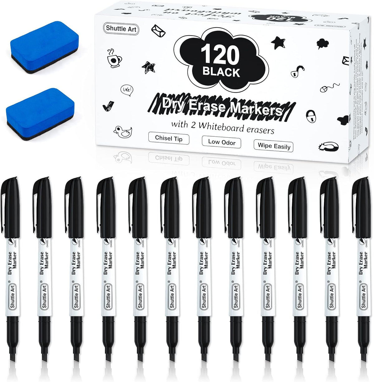 Shuttle Art Dry Erase Markers, 120 Pack Black Whiteboard Markers with 2 Erasers,Chisel Tip Dry Erase Markers, Perfect For Writing on Whiteboards, Dry-Erase Boards,Mirrors for School Office Home