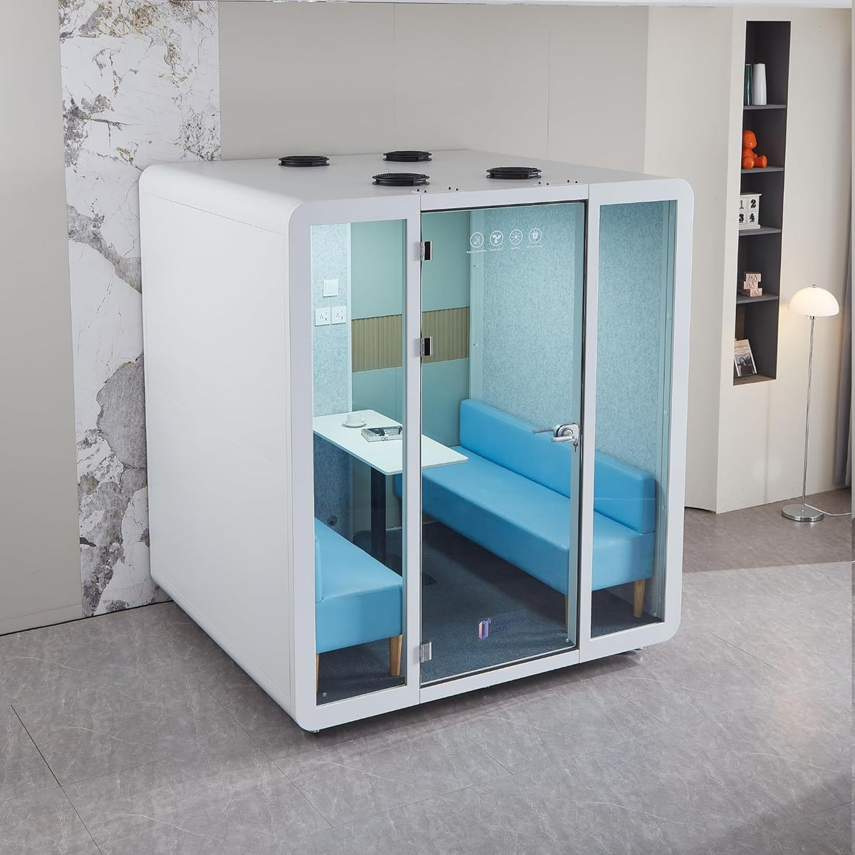 GEARONIC Mobile Office Pod Booth, Sound Proof Office Booth Pod with Mobile Roller, Larger Space for 4-6 People, LED Lighting System,Fans and AC USB Ports