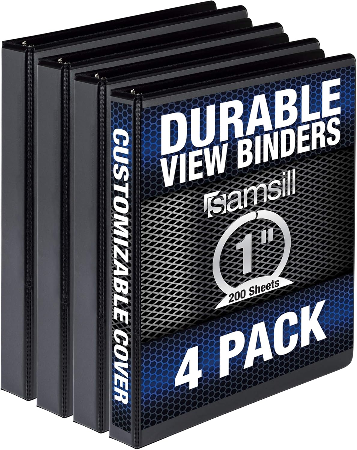 Samsill Durable 1 Inch Binder, Made in the USA, Round Ring Customizable Clear View Binder, Black, 4 Pack (MP48430)
