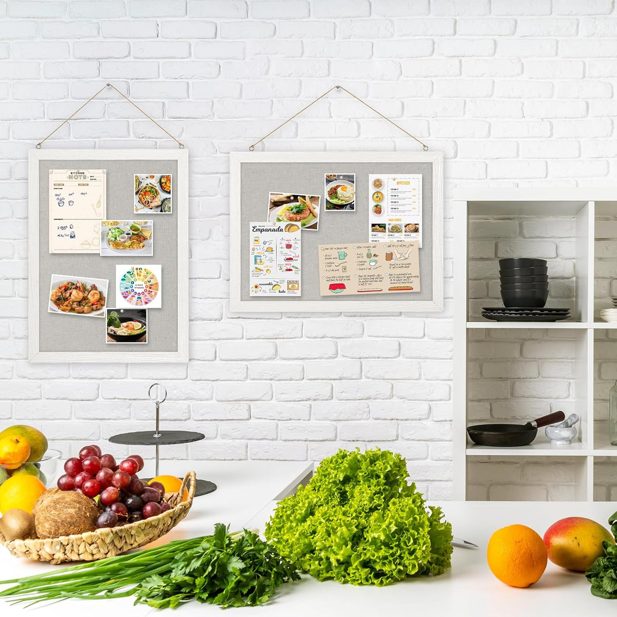 DOLLAR BOSS Cork Boards with Linen 2-Pack 16''X 12'' Cork Board for Walls White Wood Framed Small Bulletin Board Hanging Pin Board for Home Kitchen Office Decoration 20 Pushpin, Grey