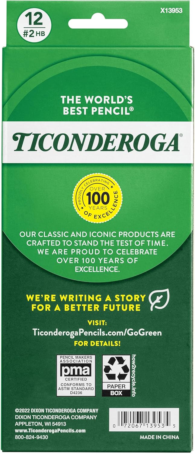 Ticonderoga Wood-Cased Pencils, Unsharpened, #2 HB Soft, Black, 12 Count