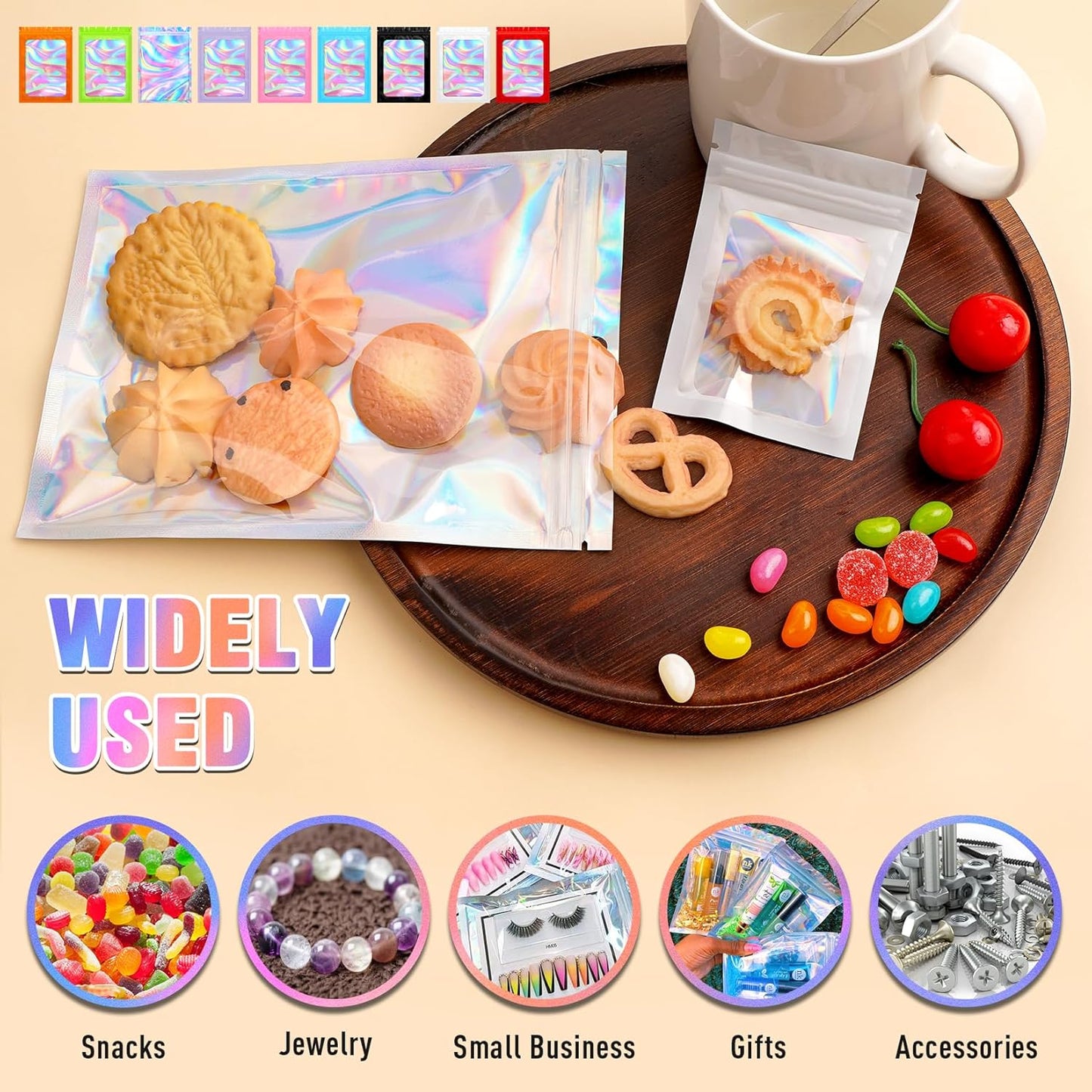 Mylar Bags, 100 PCS Holographic Bags, Smell Proof Bag with Sealing Strip, Resealable Bag (2.4x3.9 Inch)