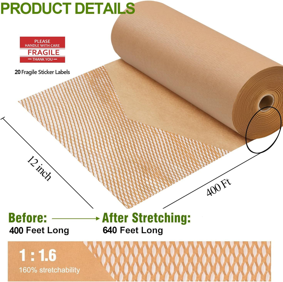 Honeycomb Packing Paper, 12" x 400' Honeycomb Cushioning Wrap Roll for Moving Shipping Packaging Gifts, Recyclable Honeycomb Paper Bubble Paper Wrapping with 20 Fragile Sticker Labels