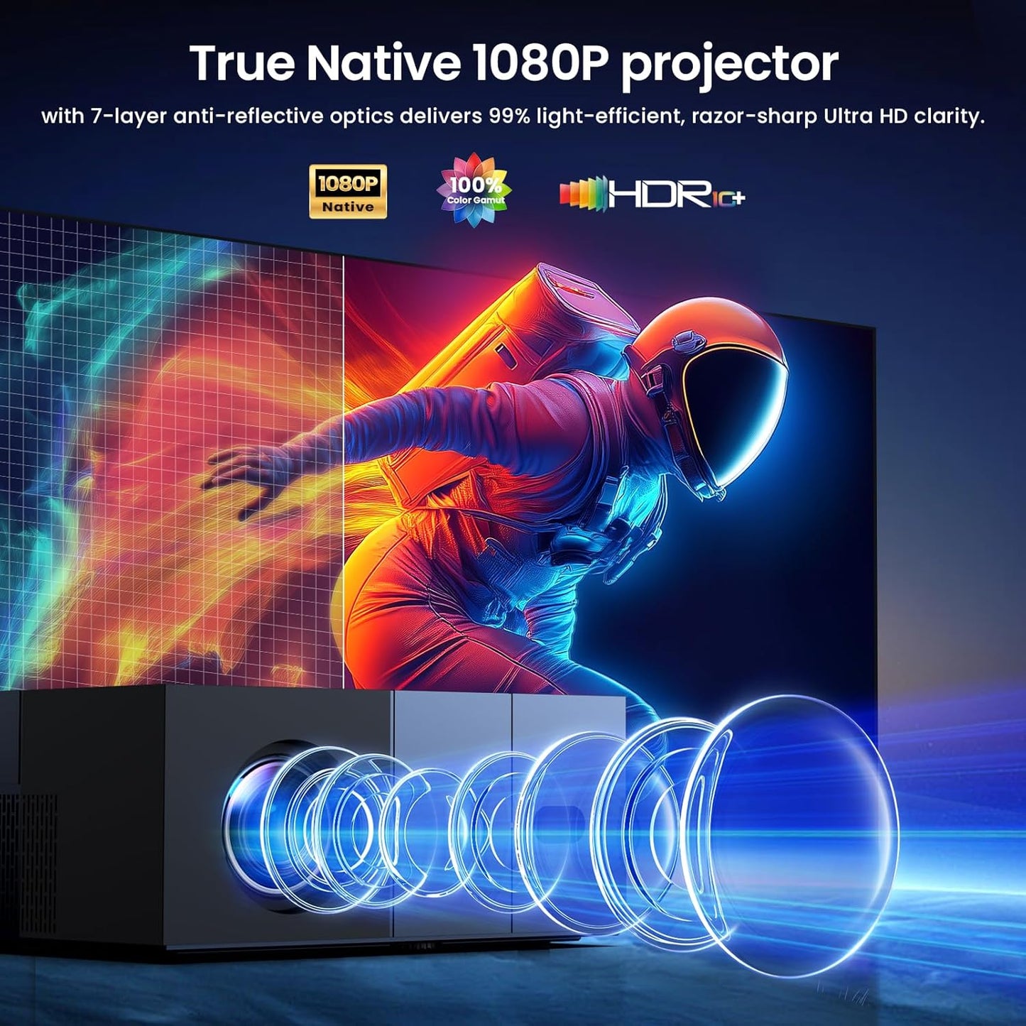 Projector with WiFi6 and Bluetooth5.3 - [High Brightness/Electric Focus]Outdoor Movie Projector and Screen,YOWHICK Portable Smart Home Projector 1080P 4K Supported for Movie Night/Home Theater/Bedroom
