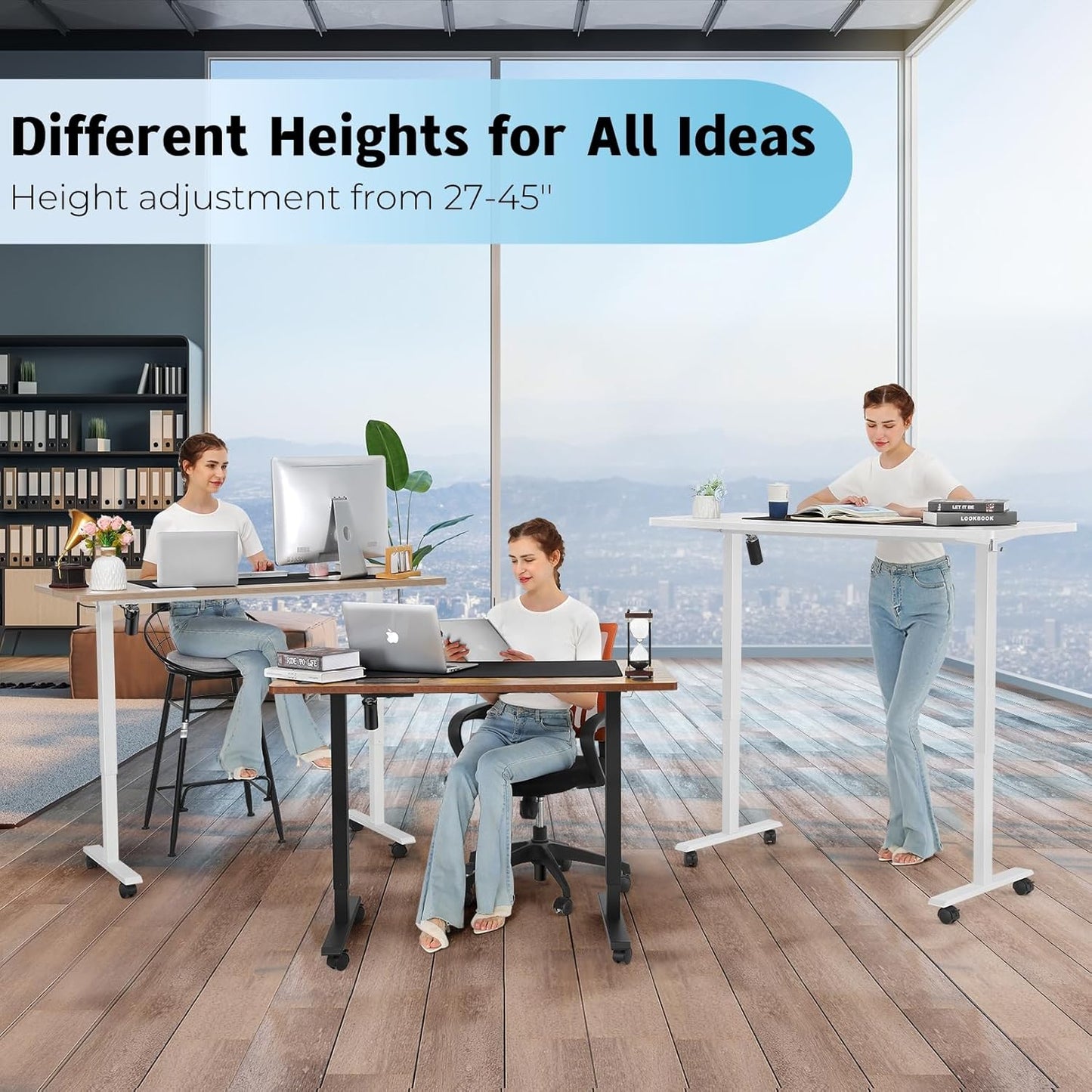 Electric Standing Desk 48 x 24 Inches Adjustable Height Ergonomic Sit Stand Up Curved Desk for Home Office Computer Workstation with 2 USB Ports 3 Power Outlets Memory Preset Wheels, Brown