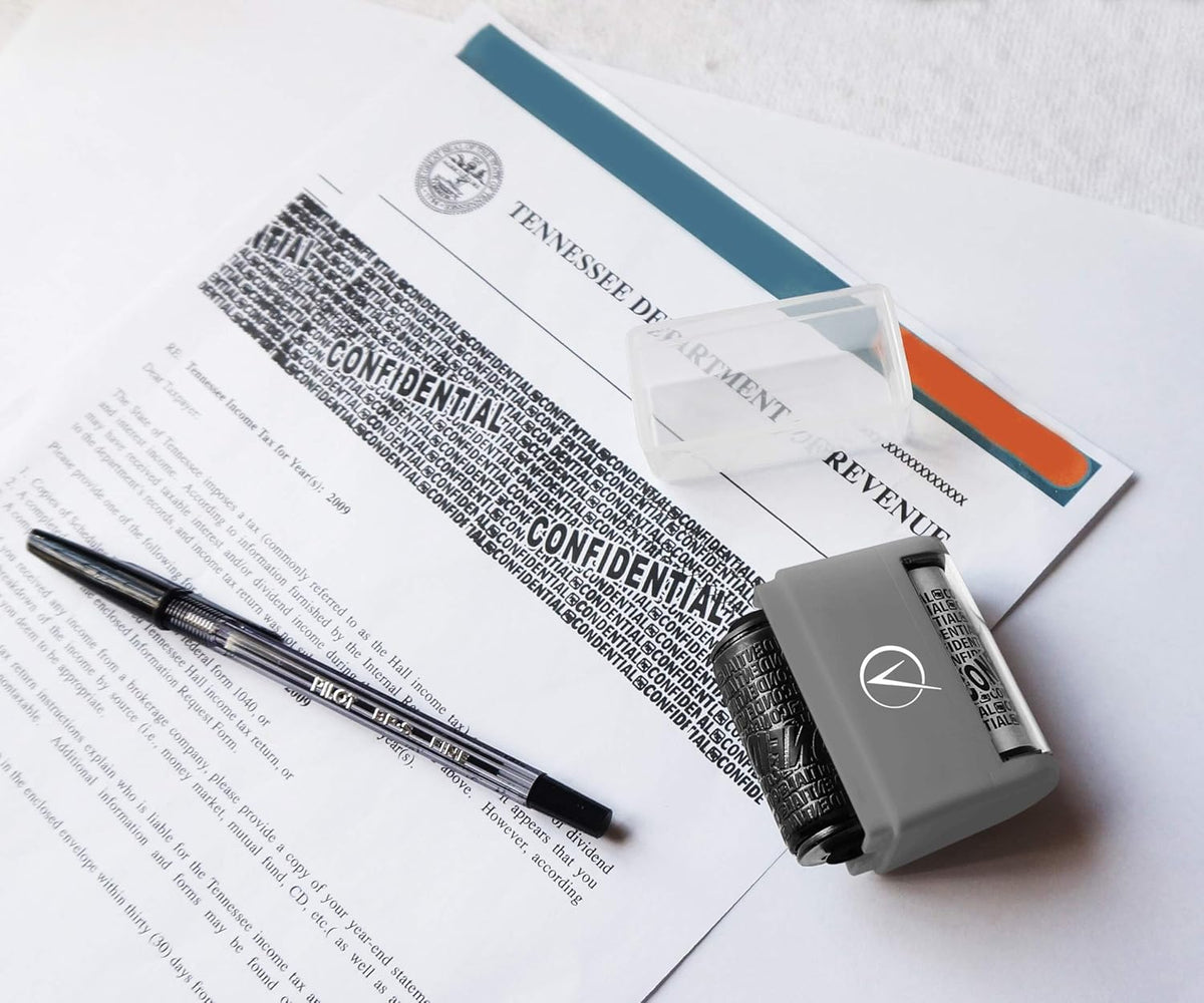 Vantamo Identity Theft Protection Roller Stamp for Hiding Sensitive Information, Wide Confidential Stamp with 6 Ink Refill, Security Stamp Roller for Identity Theft Prevention, Classy Gray
