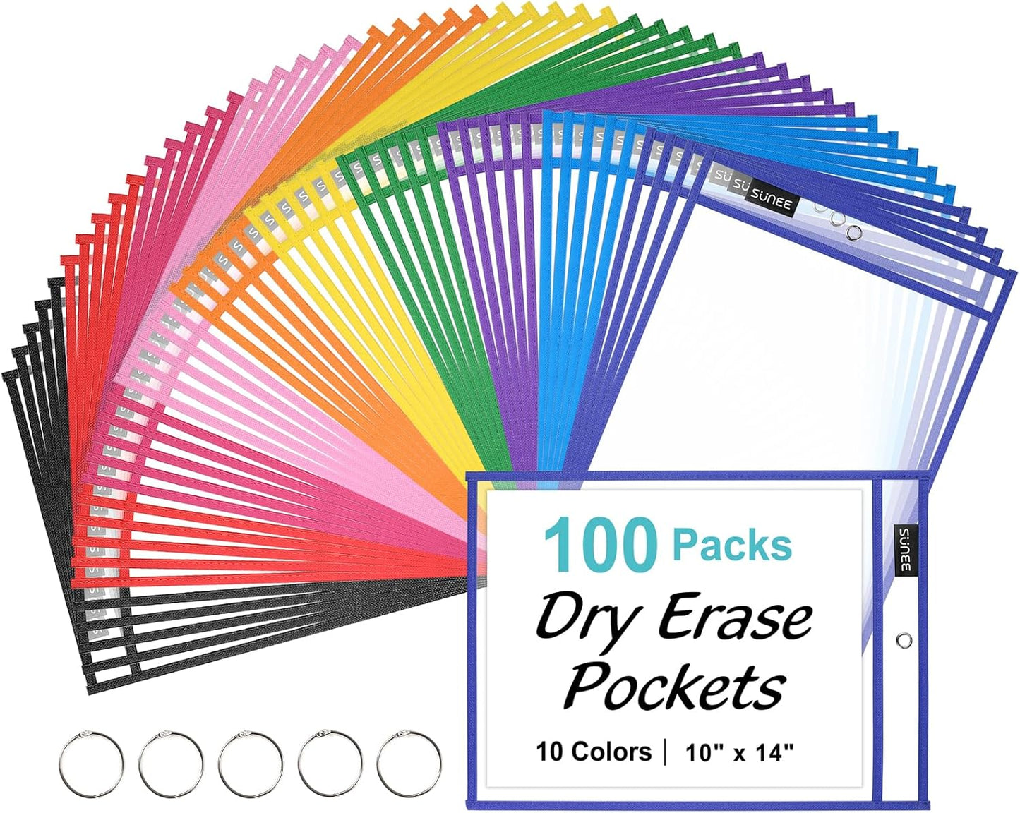 SUNEE 100 Packs Oversized Reusable Dry Erase Pocket Sleeves with 5 Rings, 10 Assorted Colors 10x14 Ticket Holders, Clear Plastic Sheet Protectors, Teacher School Classroom Supplies