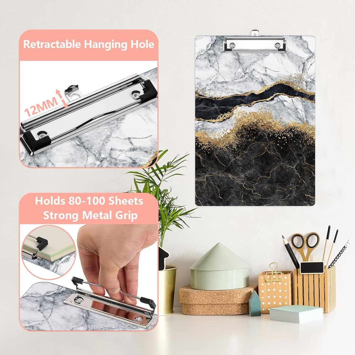 Black Marble Plastic Clipboards,Cute Fashion Clipboard Decorative 8.5" x 12.5"Standard A4 Size Clipboards,Acrylic Clipboard for Teacher,Social Worker,Students,Nurse,Office Supplies