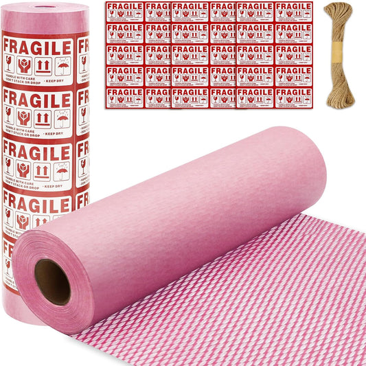Honeycomb Packing Paper PINENUTS 15" x 131' Eco Friendly Packing Paper for Moving Recyclable Honeycomb Paper Bubble Paper Wrapping with 30 Fragile Sticker Labels and 66fthemp rope (Pink)