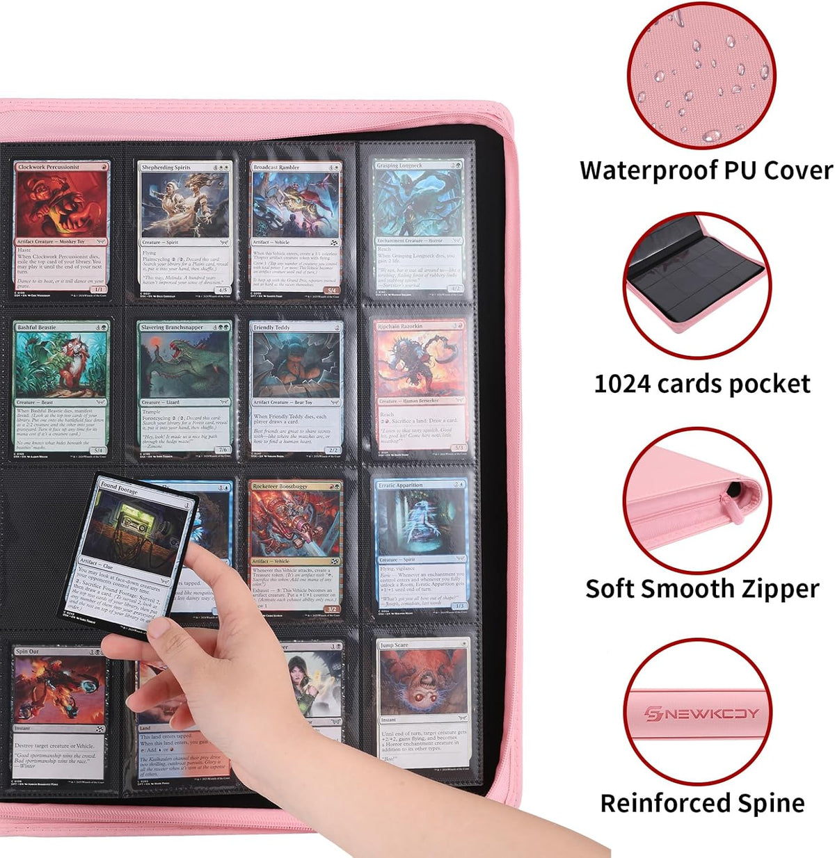 Snekdy premium 1024-pocket trading card binder, 16-pocket cards album, waterproof PU-leather Cover album with side loading, holds gaming, baseball, basketball & sports cards (Pink)