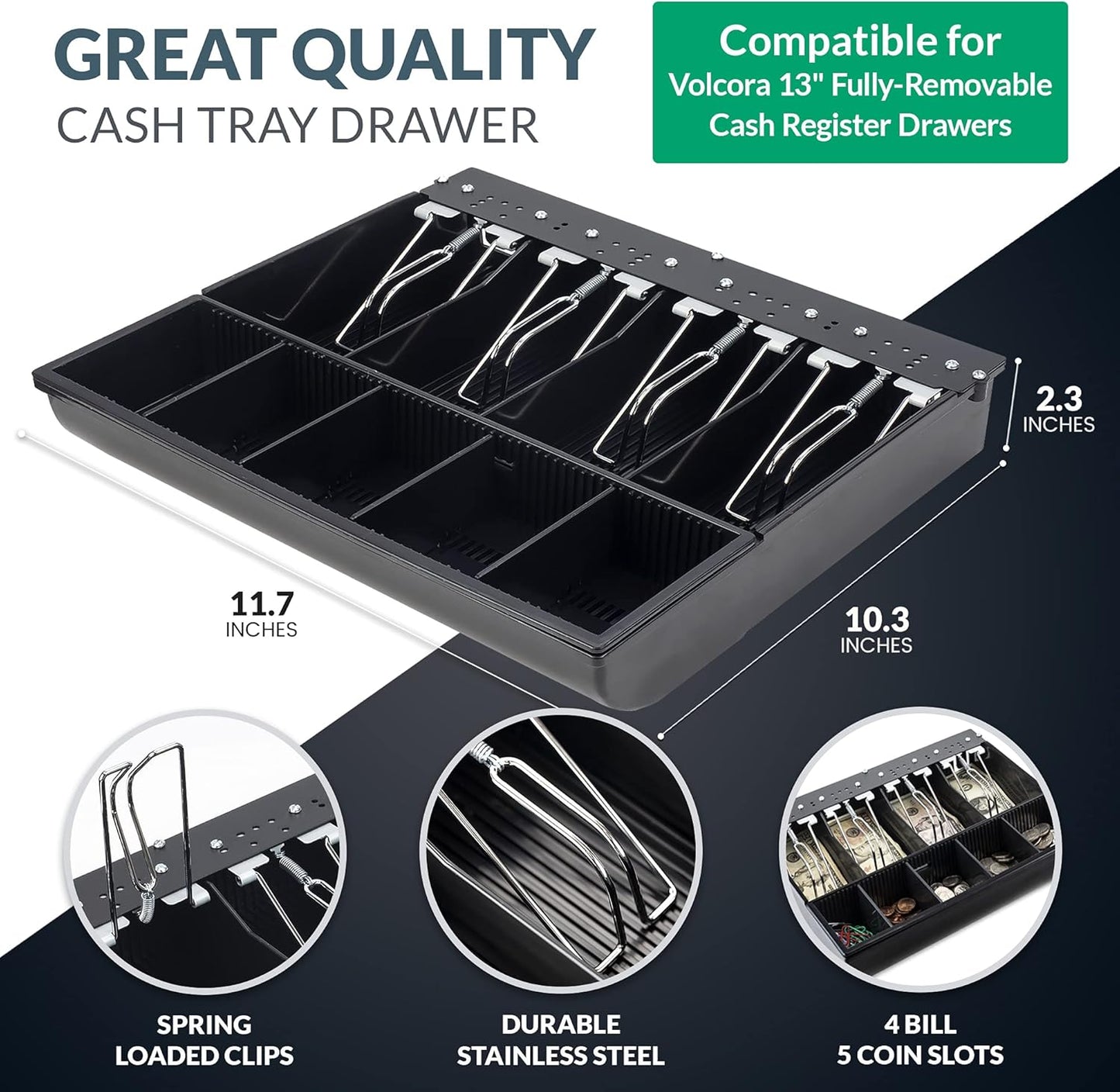 Volcora Cash Drawer Tray - 11.7 x 10.3 x 2.3 Inch Cash Register Insert - 4 Bill / 5 Coin Replacement Cash Tray 13" Fully-Removable Drawers - Stainless Steel Currency Compartment Money Storage