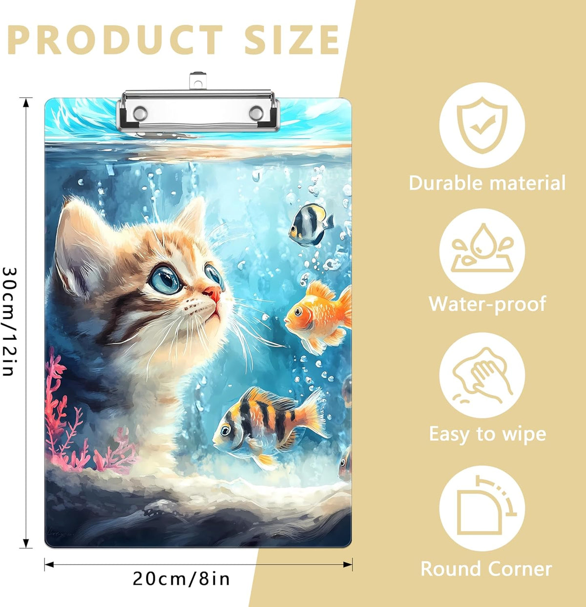 Cat Watching Fish Plastic Clipboards,Decorative Plastic Acrylic Clipboard for Teacher Social Worker Students Office Supplies 8 * 12
