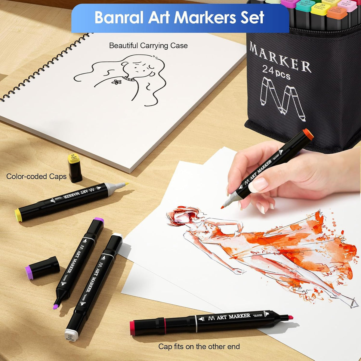 Banral 24 Colors Alcohol Markers Set, Dual Tip Alcohol Based Art Marker for Artists Kids Adult Coloring, Permanent Illustration Sketch Pens for Drawing