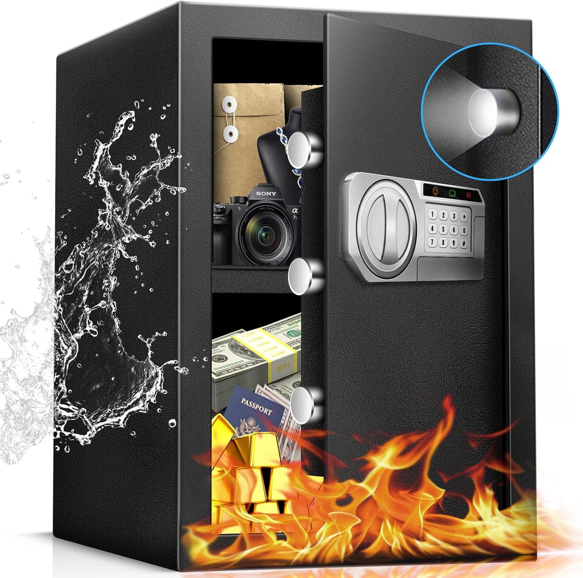 2.5 Cu Ft Safe Box for Home Documents -Steel Electronic Digital Safety Box Personal Security Lock Box with LED Sensor Light External Power Compartment for Office Money Jewelry Valuables