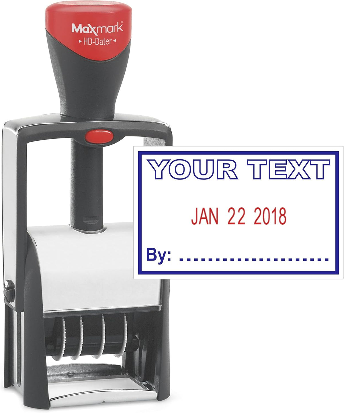 Heavy Duty Date Stamp with Your Custom Text, Self Inking Stamp - 1" x 1-5/8” - 2-Color Blue/Red Ink
