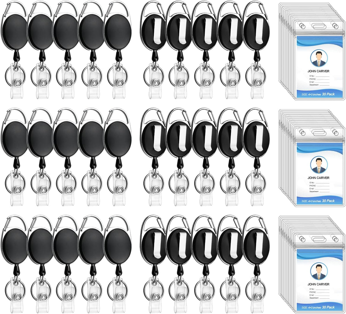 30 Pack Heavy Duty Retractable Badge Reel with Waterproof Vertical Name Badge ID Card Holders and Key Ring for Card Keychain Badge Holder