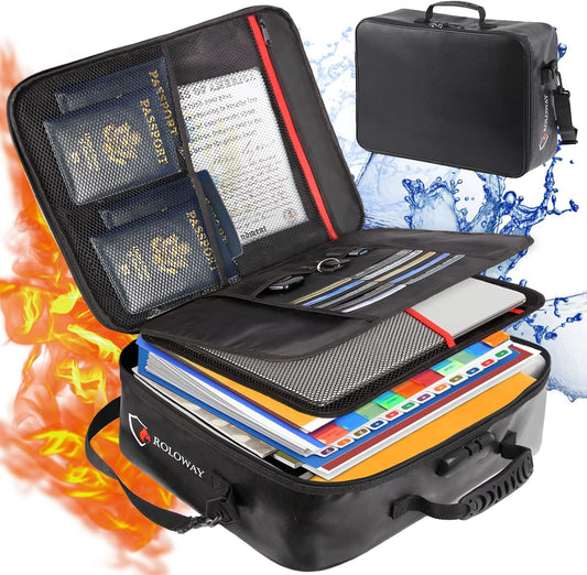 ROLOWAY Fireproof Document Bag with Lock (17 x 11.8 x 5 inch), Important Document Storage Bag with Multi-Layer File Organizers (Black)