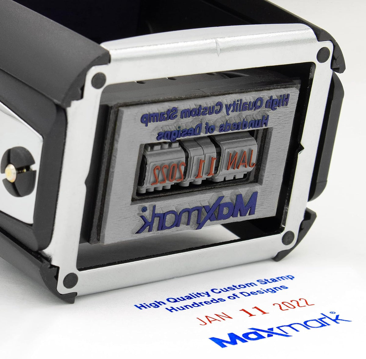 Heavy Duty Date Stamp with 2-Line Custom Text, Self Inking Stamp - 1" x 1-5/8” - 2-Color Blue/Red Ink