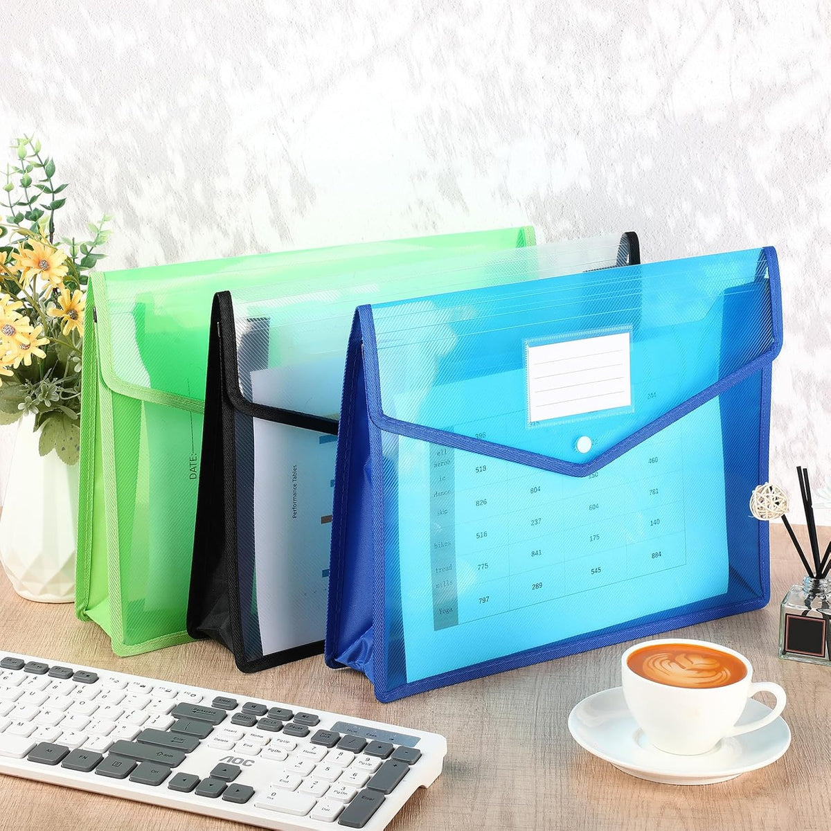 Epakh 3 Pack B4 Plastic Expanding File Folders Wallet for School Classroom Envelope File Folder Document Organizer Colorful Receipt Organizer with Snap Closure for Office (White Green Blue)