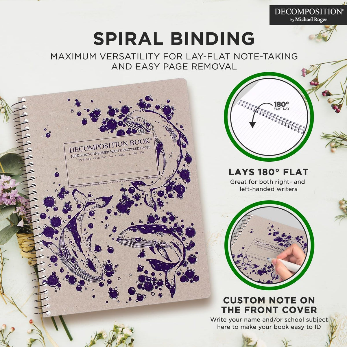 Decomposition Humpback Whales College Ruled Spiral Notebook - 9.75 x 7.5 Journal with 160 Lined Pages - 100% Recycled Paper - Cute Notebooks for School Supplies, Home & Office - Made in USA