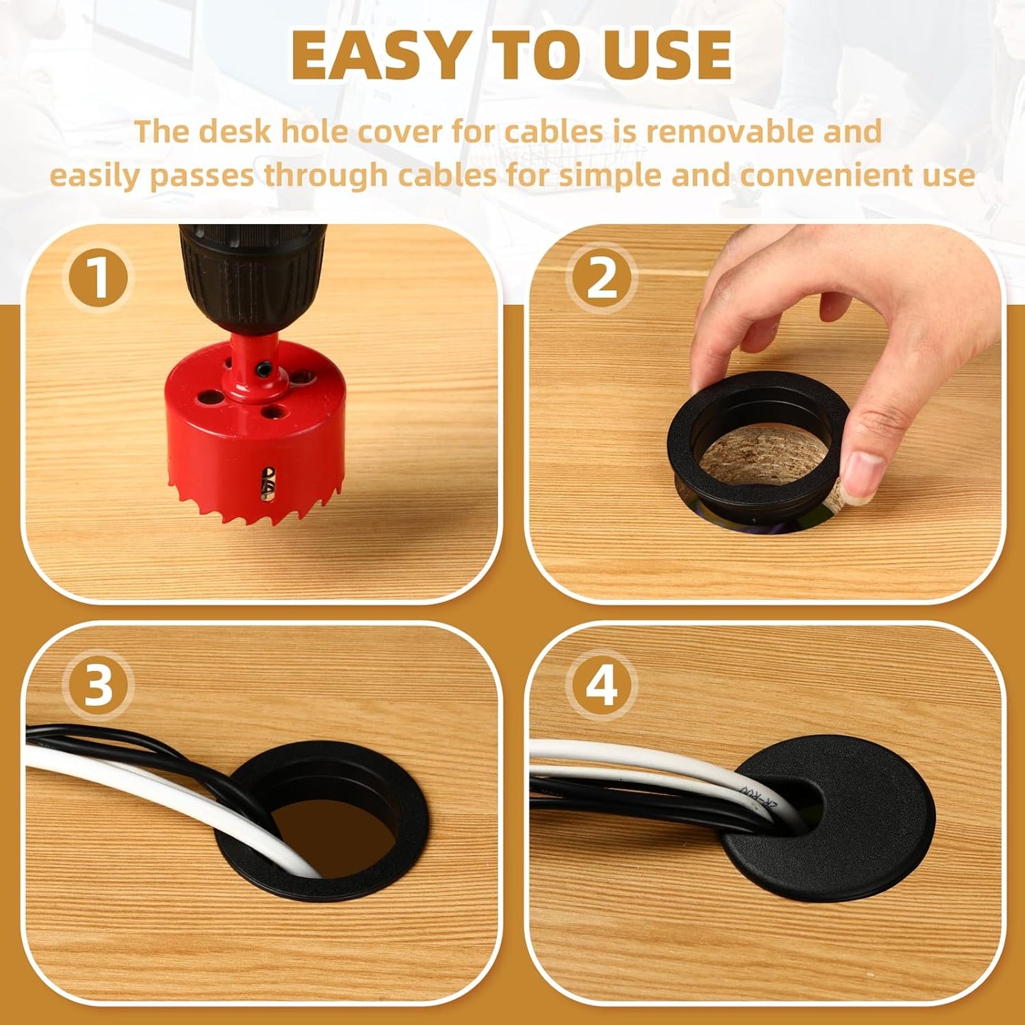 Desk Grommet 1.5 Inch (38 mm) 10 Pieces, Desk Hole Cover for Cables Black, ABS Plastic Grommet Hole Cover with Hole Saw for Wires Cables Through The Countertop by XIOGZAXI