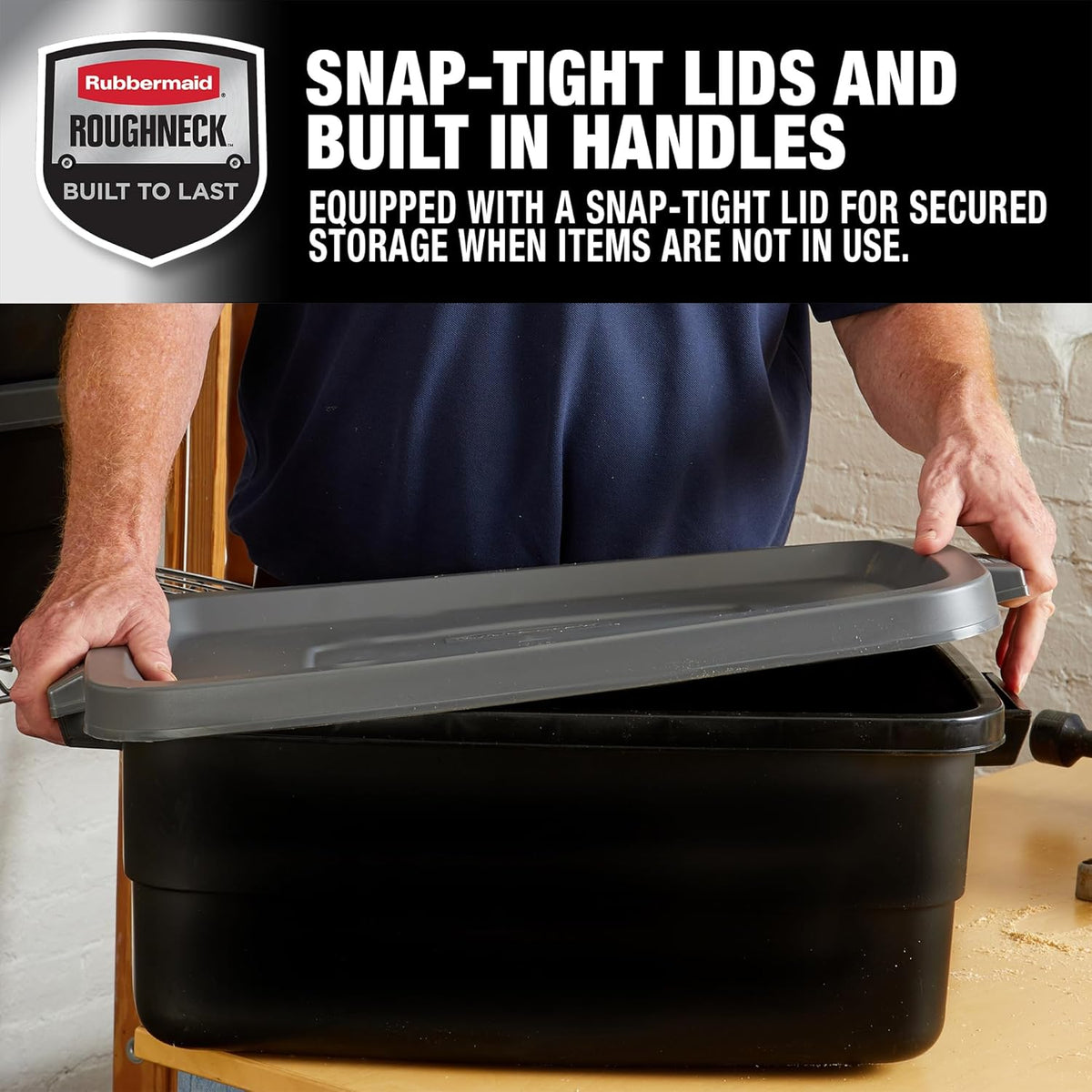 Rubbermaid 3-Pack Garage Storage Bins 18x12 Inch Heavy Duty Storage Bins, Large Capacity - USA Made Stackable Plastic Bins with Lids Black