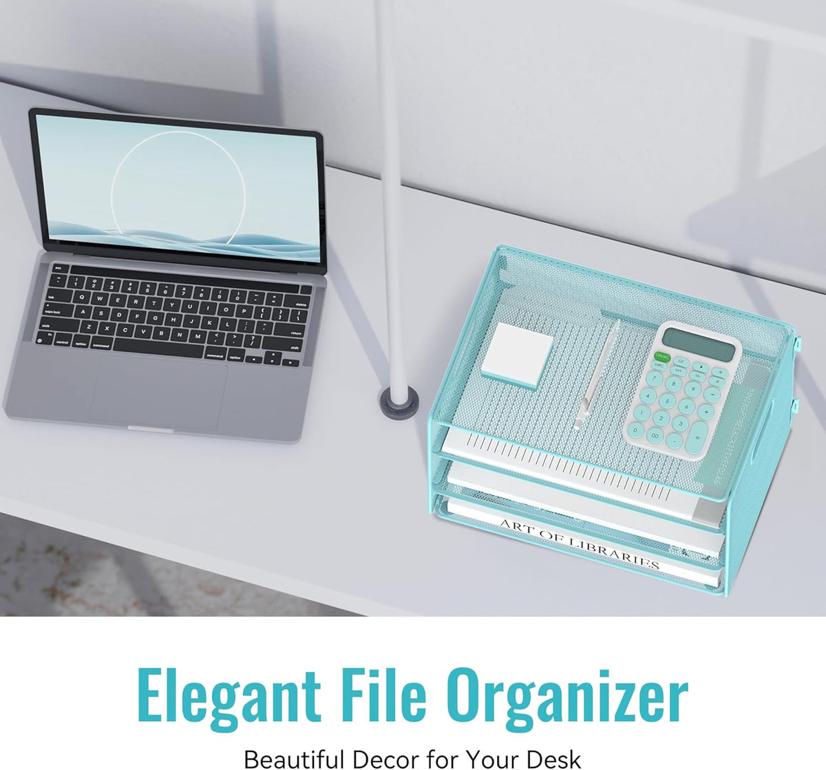 DALTACK 3 Tier Letter Tray Paper Organizer with Handle, Mesh Desk File Organizer, Paper Tray Desk Organizer for School Office Home, Metal Mesh, Light Blue