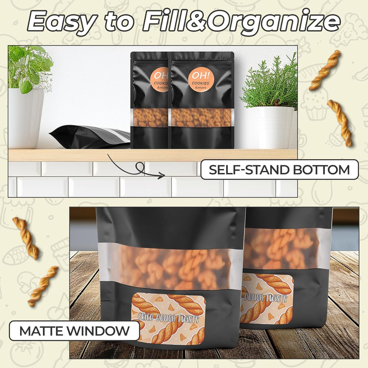 Funfery 100 Pcs Smell Proof Packaging Bags,Mylar Clear Bags for Food Storage,Sealable Bag for Packaging,Stand Up Pouches with Window,ReSealable Bag for Small Business,Cookies,Candy(Black,4.7x7.9in)