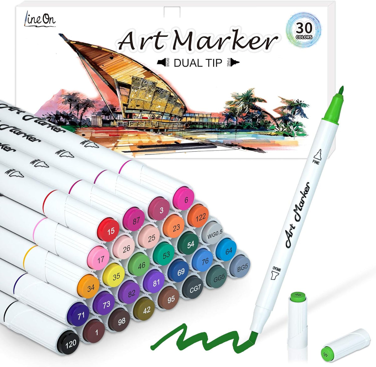 Dual Tip Alcohol Based Art Markers, Lineon 30 Colors Alcohol Marker Pens Perfect for Kids Adult Coloring Books Sketching and Card Making