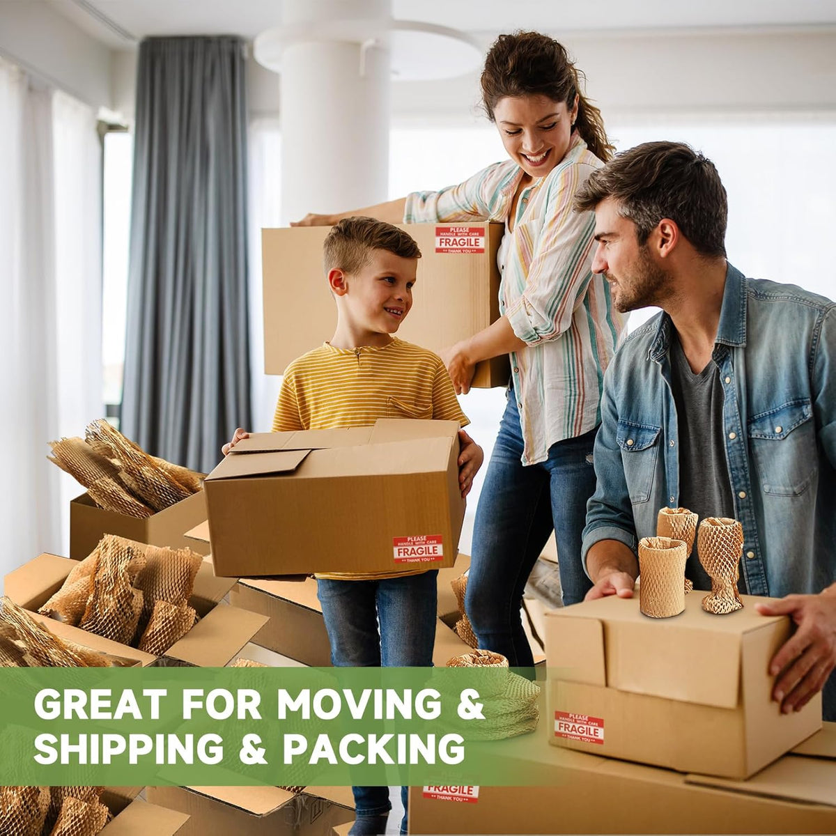 Honeycomb Packing Paper Wrap 15''x820', Substitute Alternative for Bubble Cushioning Wrap for Moving Shipping Packaging, Recyclable Moving Supplies with 48 Fragile Sticker Labels