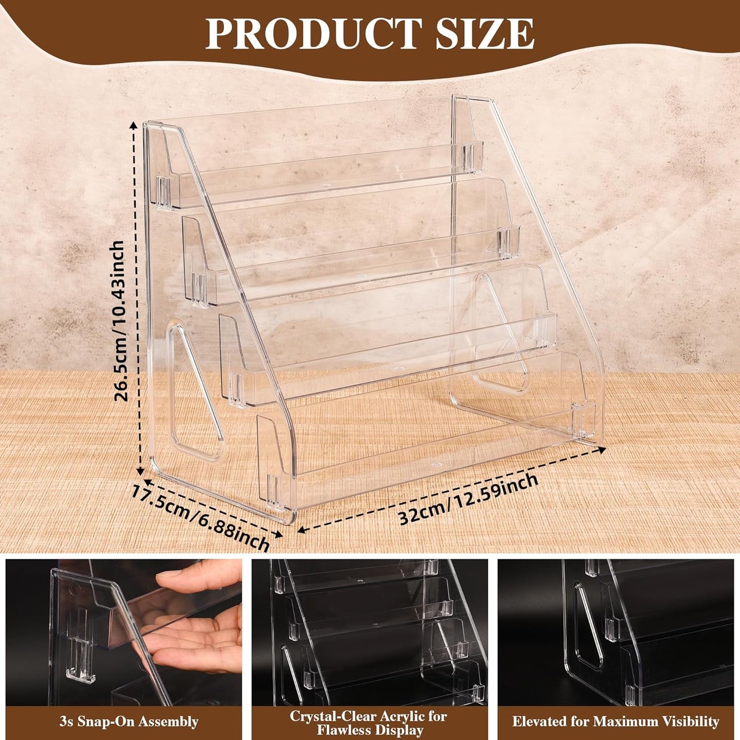 Elevated 4 Tier Clear Acrylic Card Display Stand for Trading Cards, Sports Cards, Greeting Cards, Stickers – Slanted Holder for PSA Slabs, Vendors, Collectors & Retail (4 Tier 1 Pack)