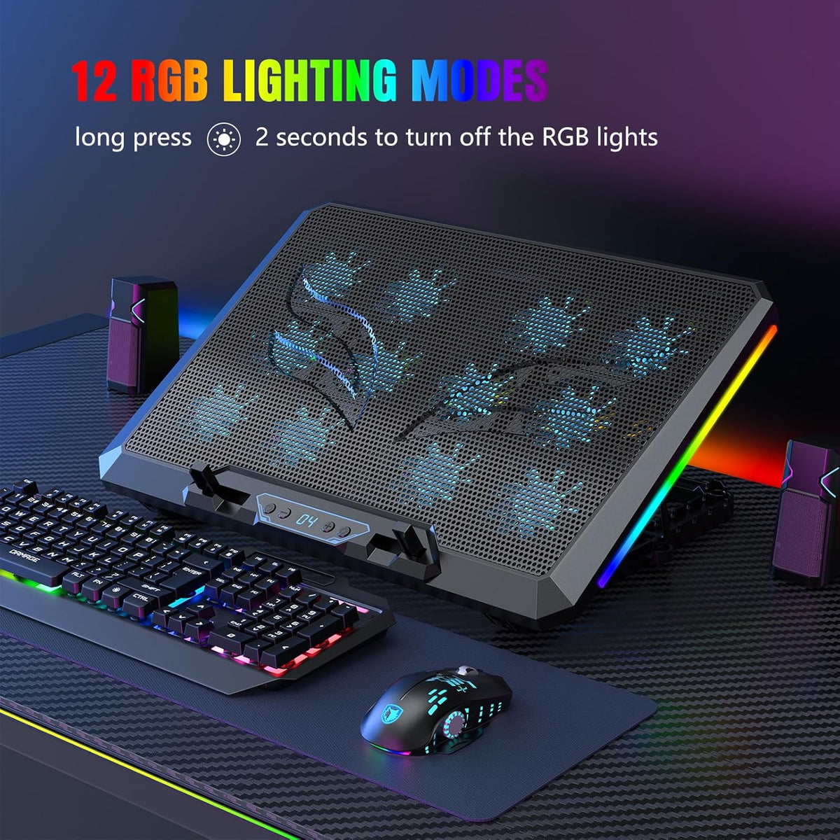 Laptop Cooling Pad with 12 Quiet Fans, Slim Portable for 12-17.3 Inch Laptop Cooler Stand, RGB Lighting, with 5 Height Adjustable, Gaming Cooling Fan Pad, with Two USB Ports Holder (LCD)