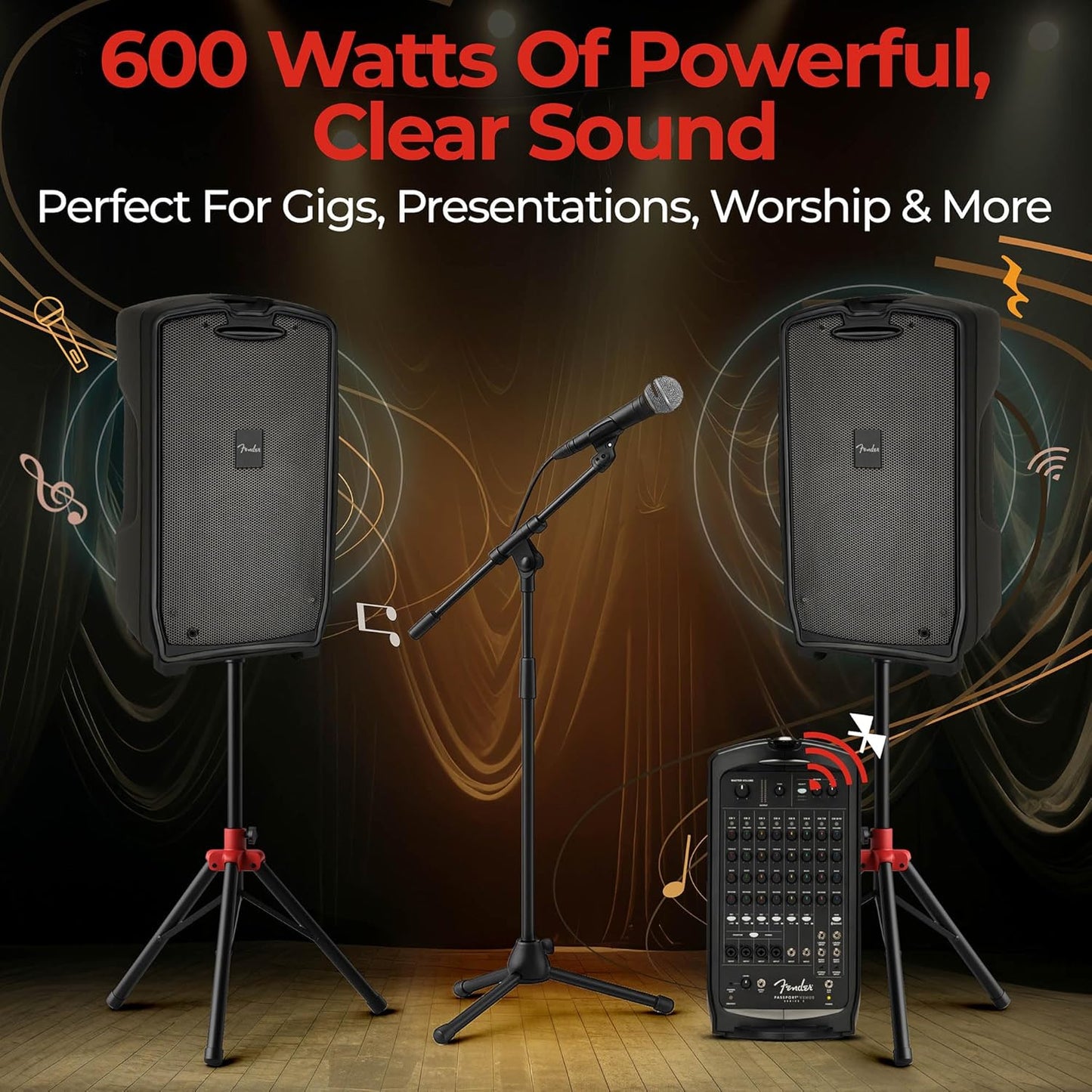 Fender Passport Venue S2 Portable PA System Bundle with Compact Speaker Stands, Microphone, Mic Stand Clip, XLR Cable, and Instrument Cable