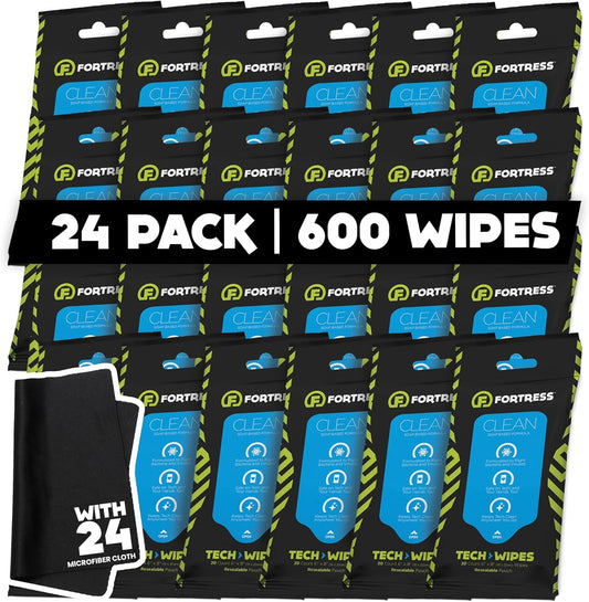 Fortress Electronic Wipes With Microfiber Cloth (25 ct, Pack of 24) To-Go Tech Wipes for Screens, Phones, Keyboards, TV Monitors, Computer Screens, and More [Travel Size] Skin-Safe
