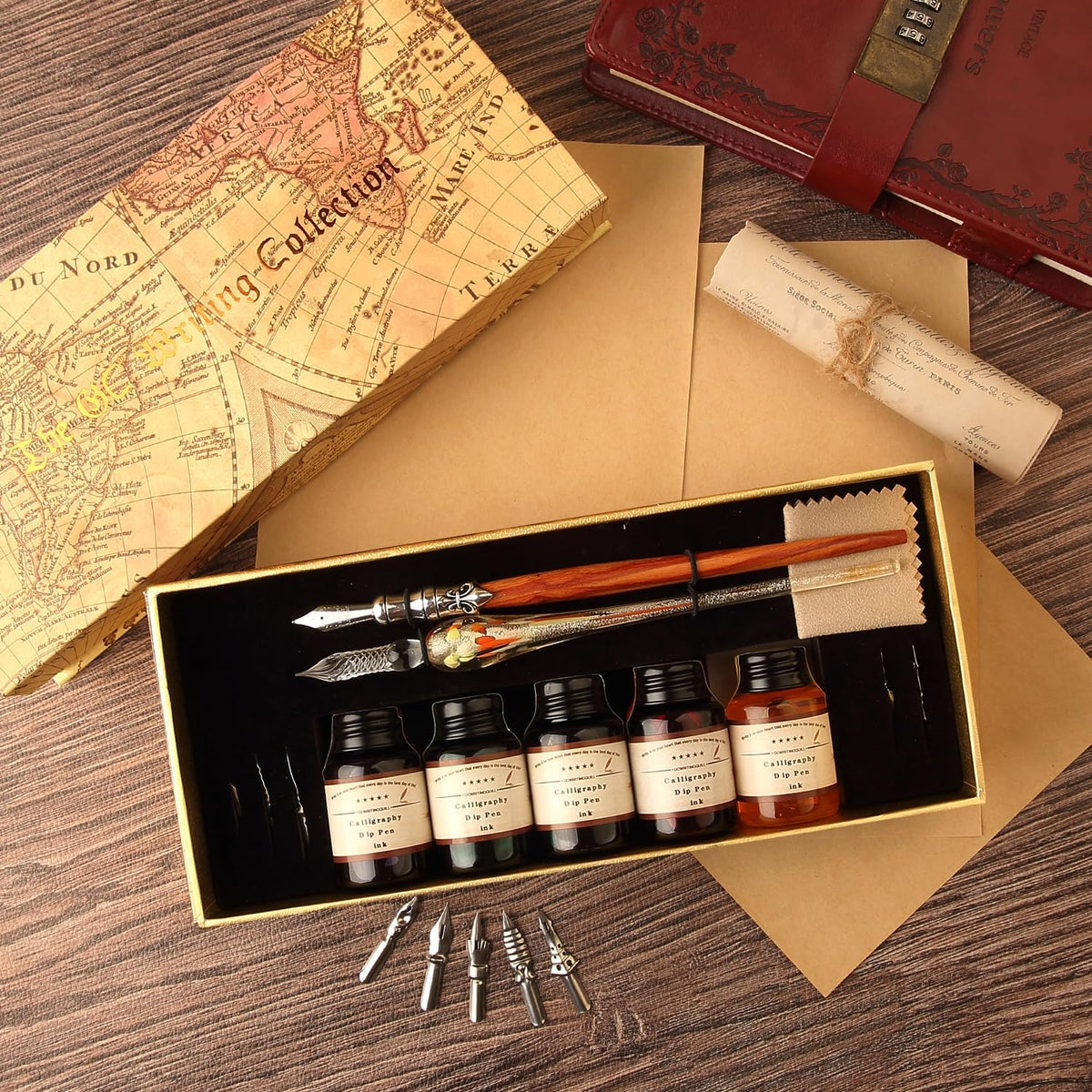 GC QUILL MU-02 Calligraphy Pen Set, Glass Dip Pen and Handcrafted Wooden Dip Pen Gift Set with 5 Colors Calligraphy Ink 6 Nibs, Calligraphy Set for Beginners