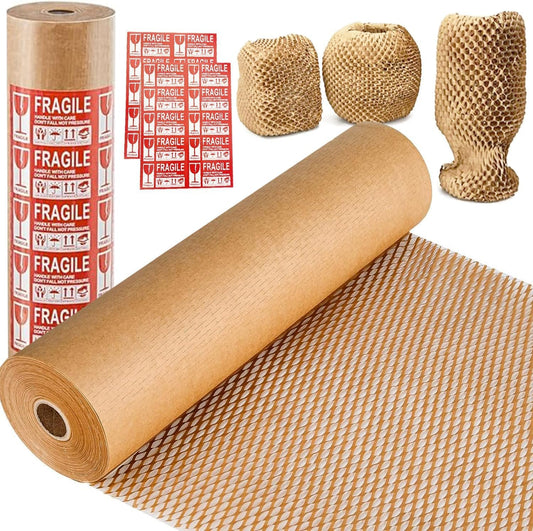 Honeycomb Packing Paper, 15"x230' Eco Friendly Packing Materials for Shipping Breakable Recyclable Moving Supplies Paper Bubble Wrap Sheets Roll with 20 Fragile Sticker Labels