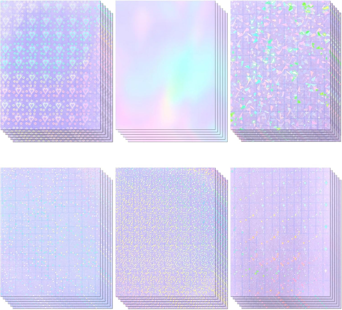 36 Sheets Holographic Sticker Paper, Clear Vinyl Lamination Sticker Film Self Adhesive, Transparent Overlay Laminate Sticker Paper Waterproof-Gem/Dots/Sand Star/Rainbow/Star/Heart, 8.5x11 Inch
