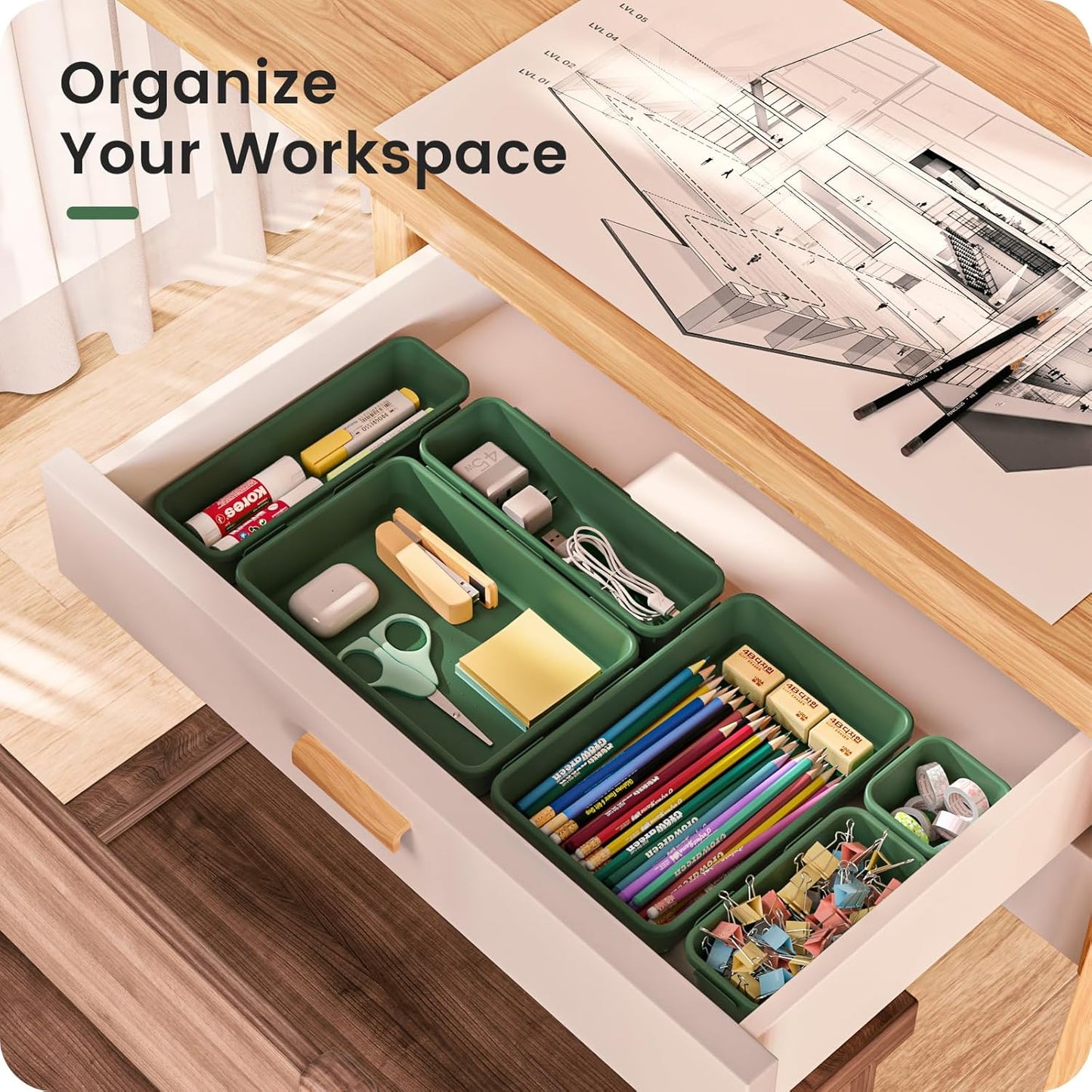 【28PCS】A-LUGEI Drawer Organizer, Bathroom Organizers and Storage, Makeup organizer, Desk drawer organizer, Storage Bins for Kitchen Office Bedroom Vanity Jewelry Pantry Garage【ArmyGreen】【4Size】