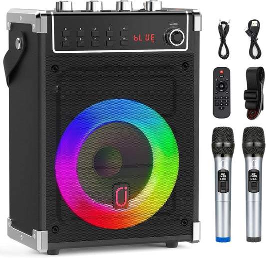 JYX Karaoke Machine with 2 Wireless Microphones, Portable Bass/Treble Bluetooth Speaker with LED Light, Support TWS, AUX in, FM, REC PA System with Remote Control, Supply for Party/Adults/Kids