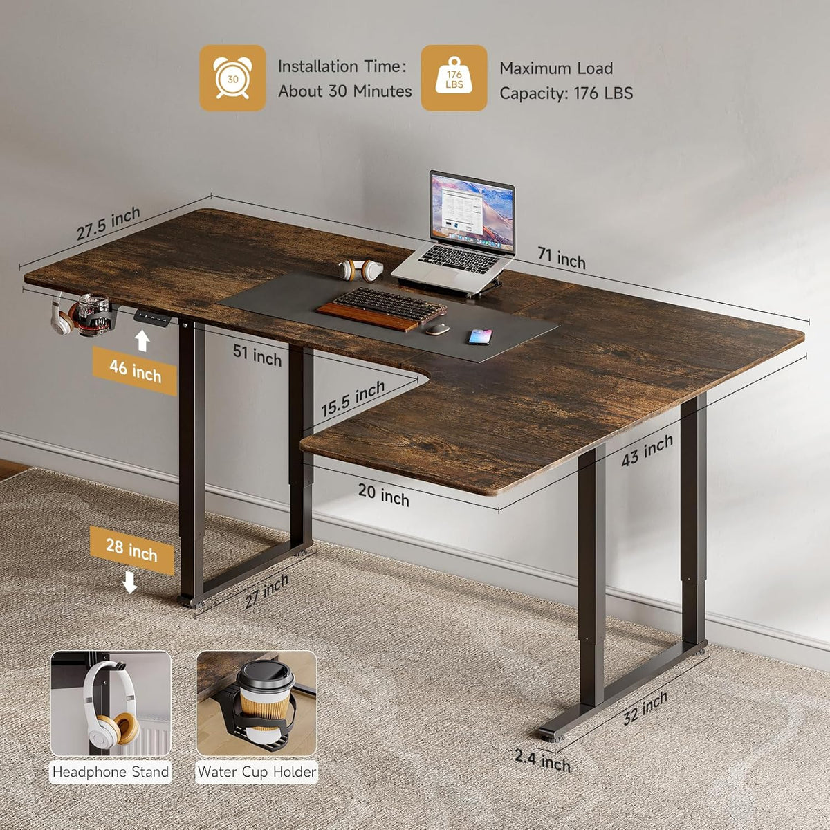 L Shaped Standing Desk, 71x43 Inches Electric L Stand Up Desk with 4 Legs, Dual Motor and Memory Controller, Adjustable Height from 28-46 Inches for Home and Computer Workstation, Rustic Brown