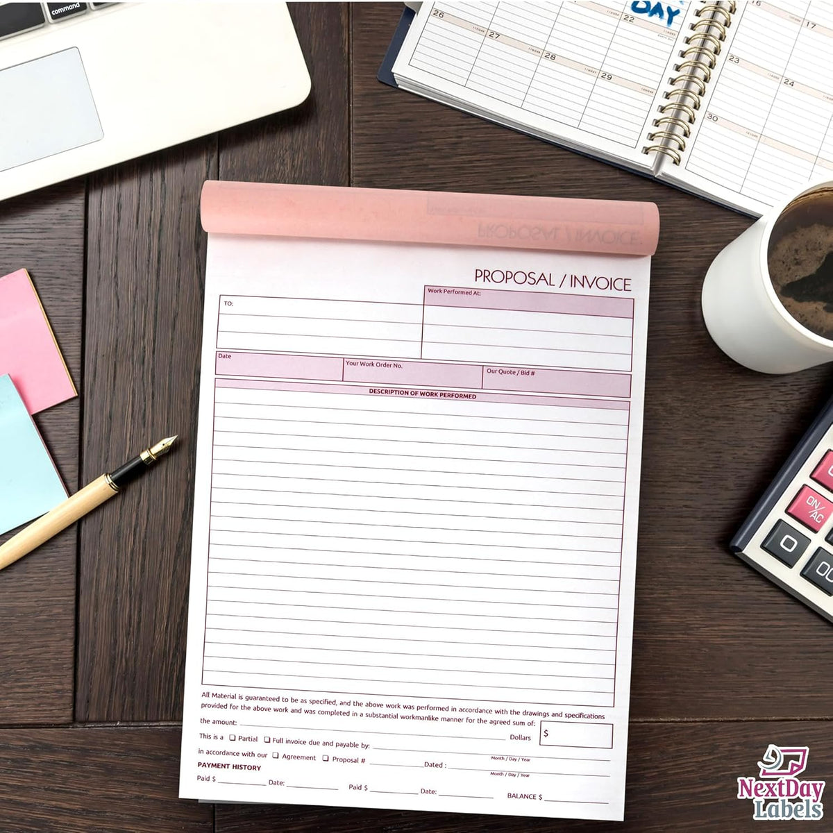 NextDayLabels - Contractor Invoice Book 8.5 x 11 3 Part Carbonless Triplicate Invoices Forms with White, Canary, and Pink Copies - Practical Proposal for Receipts, Work, Sales and Orders, 50 Sets