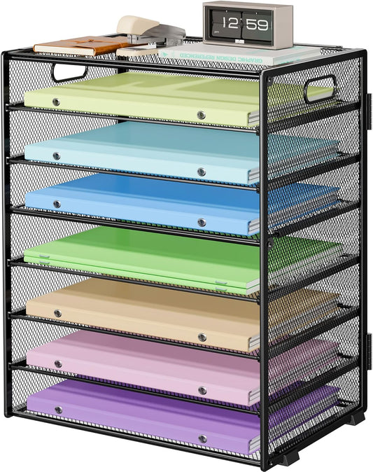 8 Tier Paper Organizer with Handle, Metal Mesh Desk File Organizer, Large Capacity Desk Organizers Paper Letter Tray Desktop Document Sorter for Office, Home or School - Black