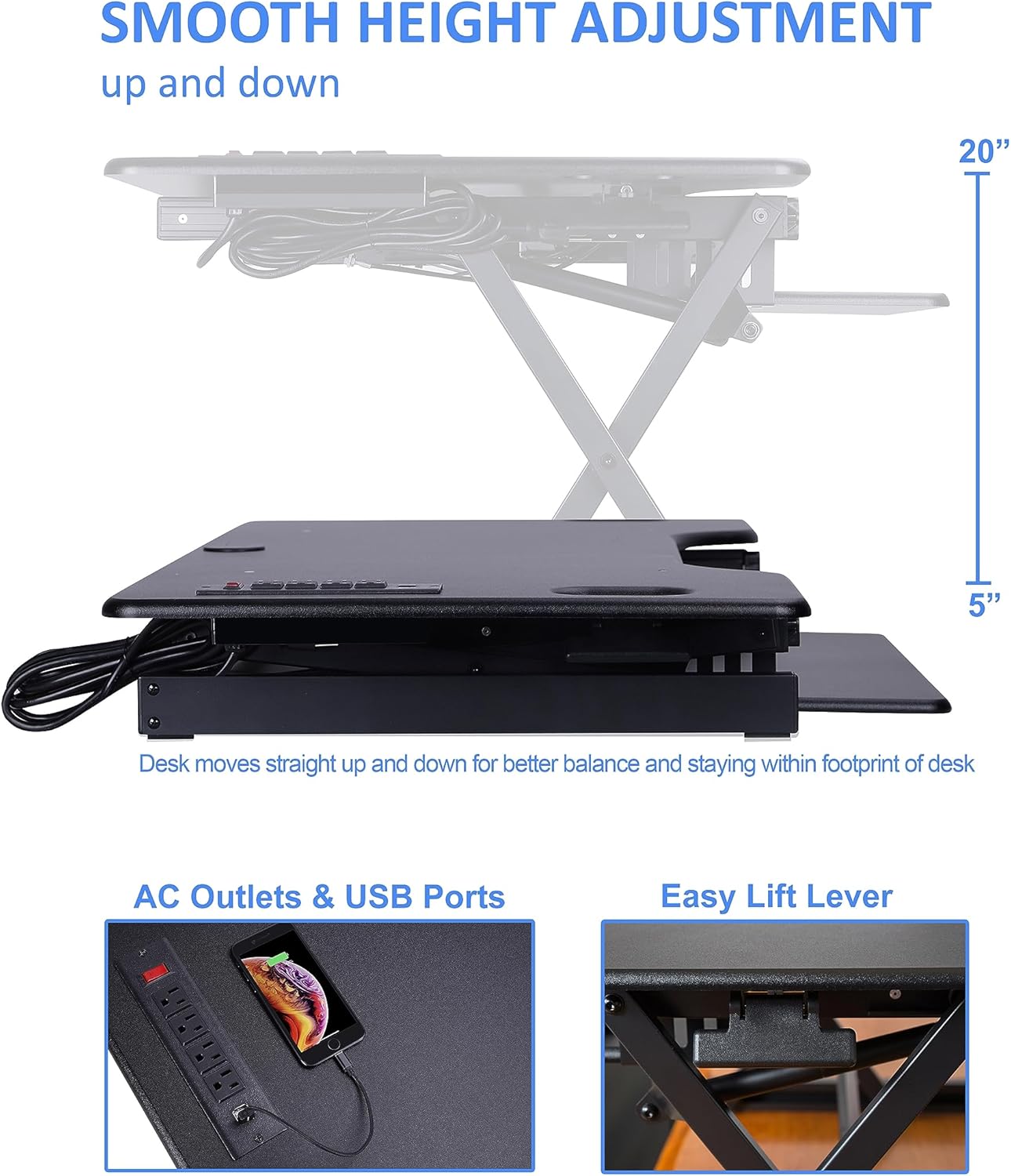 Rocelco 46" Height Adjustable Standing Desk Converter with AC USB Charger and Anti Fatigue Floor Mat - Sit Stand Up Triple Screen Riser Workstation - Keyboard Tray - Black (R DADRB-46-ACUSB-MAFM)