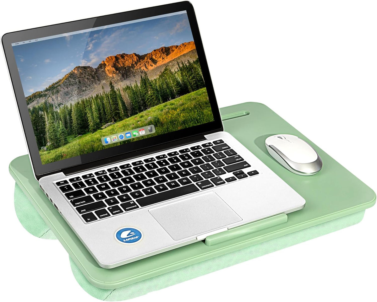 LAPGEAR Original Lap Desk – Large (17.9” x 13”) | Fits Up to 17.3” Laptops | Cushioned with Device Ledge, Pencil Tray & Handle | Portable & Lightweight | Sage Green – Style No. 45151
