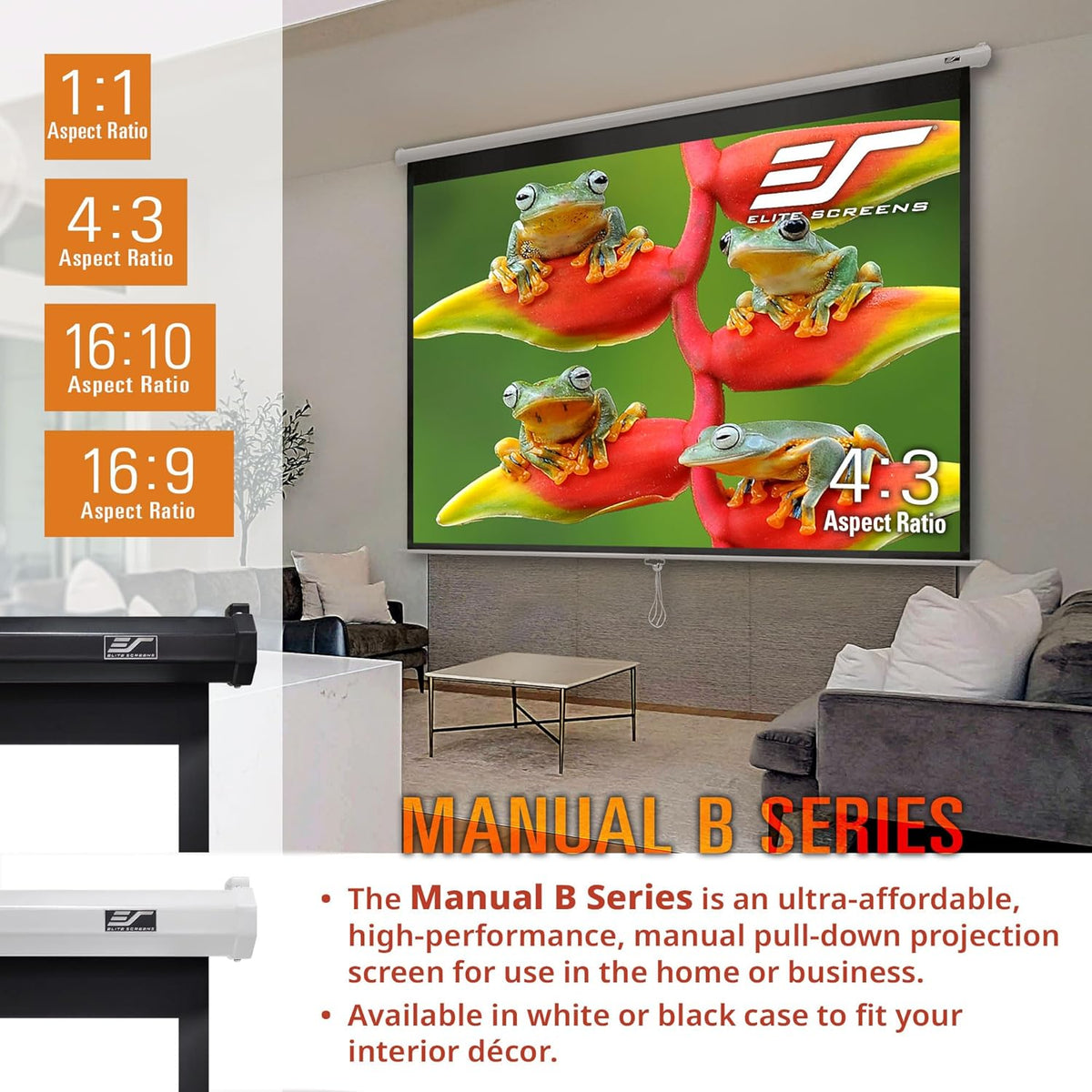 Elite Screens Manual B, 80-INCH Manual Pull Down Projector Screen 4K/8K Home Theater Movie Gaming Projection Screen, M80H