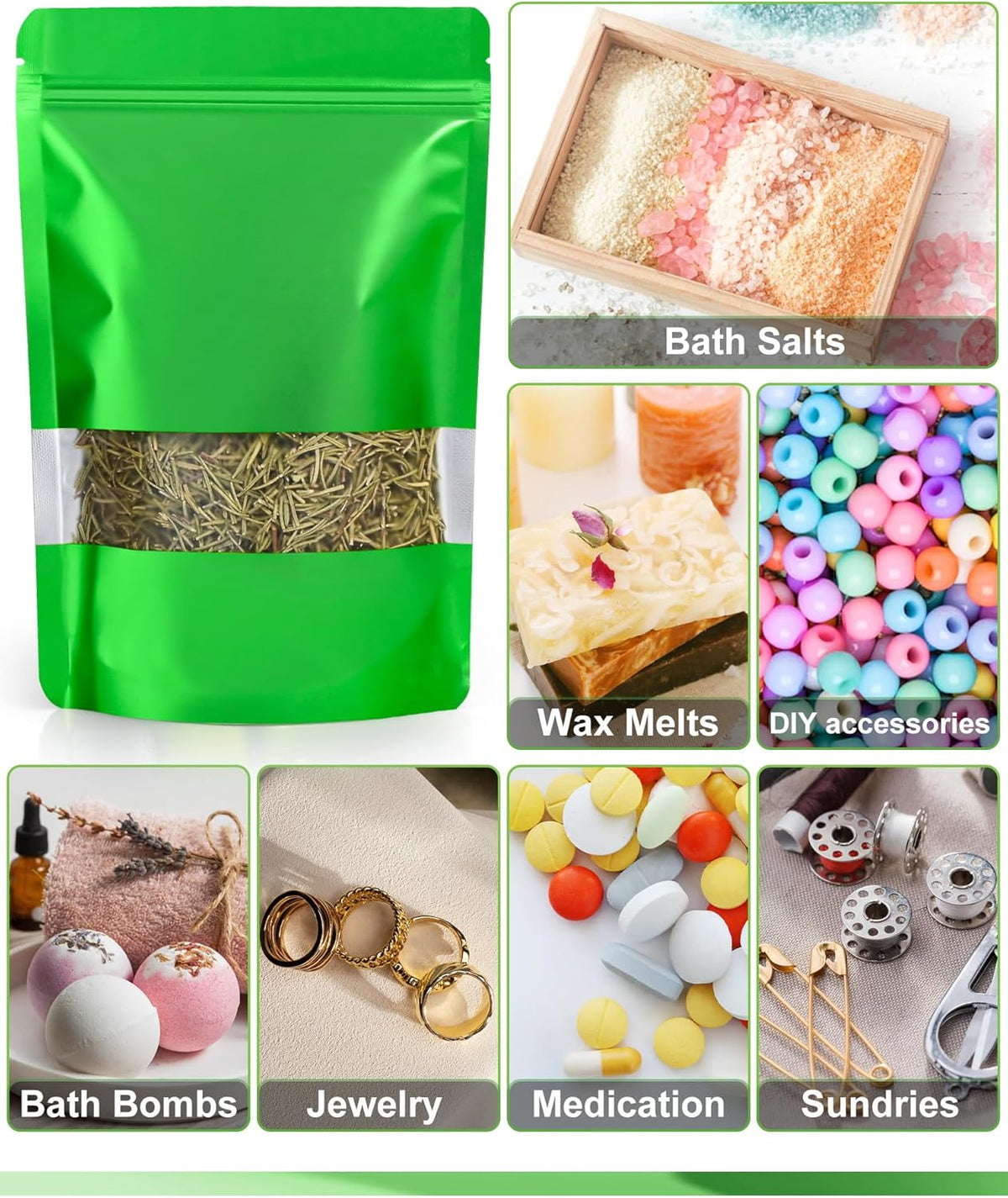 FireKylin 100 Pack Smell Proof Bags 7.1" x 10.2", Resealable Bags with Matte Window, Foil Pouch Stand Up Sealable Bags for Packaging（Green）