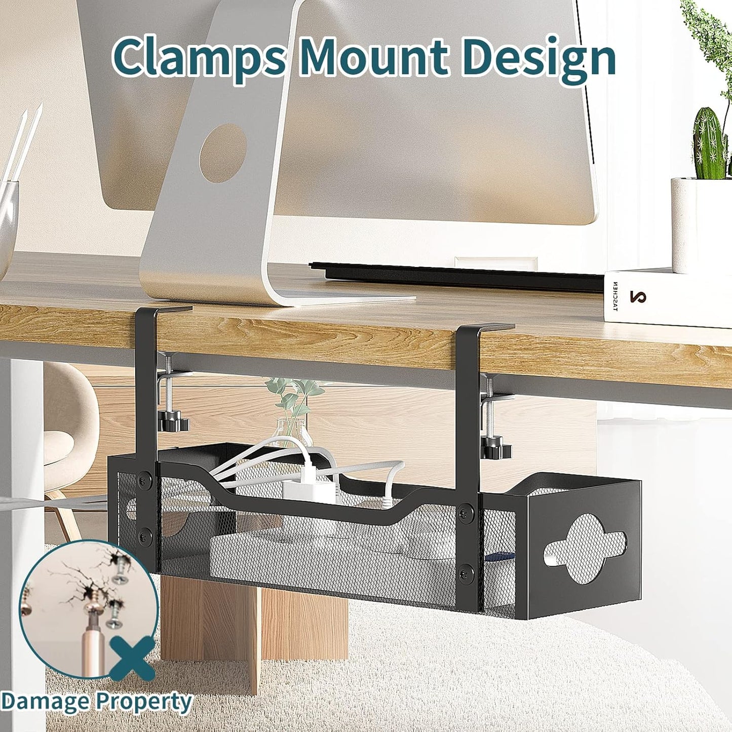 Under Desk Cable Management Tray 3 Pack, Cable Management Under Desk No Drill, Cable Organizer with Clamp for Wire Management, Cord Organizer for Office, Home - No Damage to Table (Black)