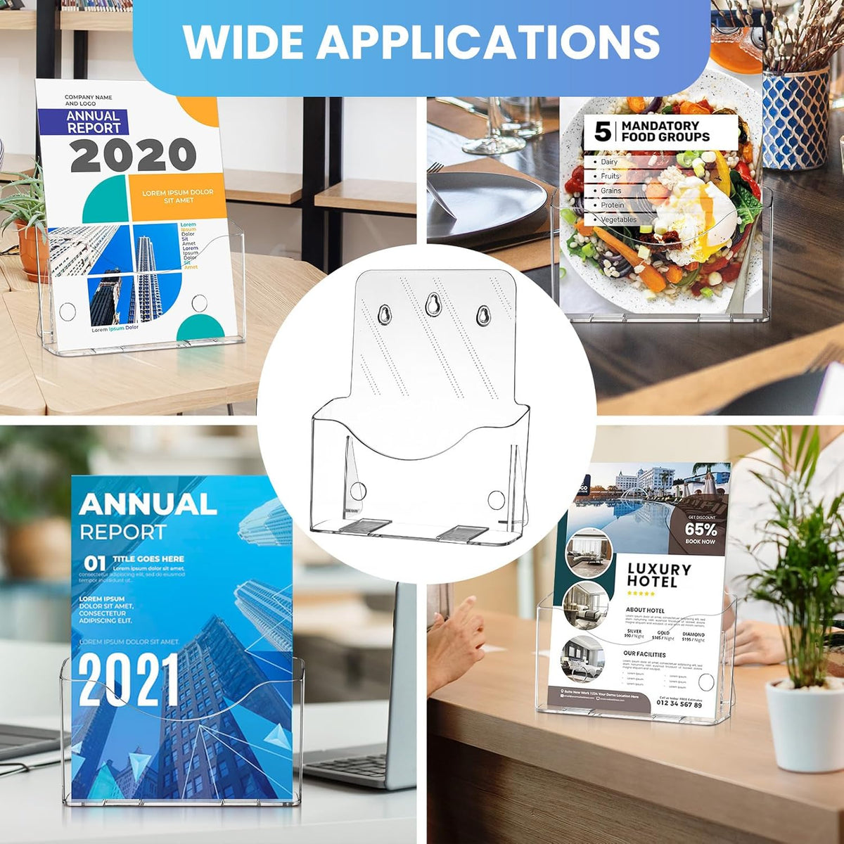 4 Pack Brochure Holder 8.5” x 11”, Acrylic Literature Holder, Plastic Clear Rack Card Display Trifold Brochures Stand Flyer Holder Pamphlet Display Stand, Wall Mount/Countertop