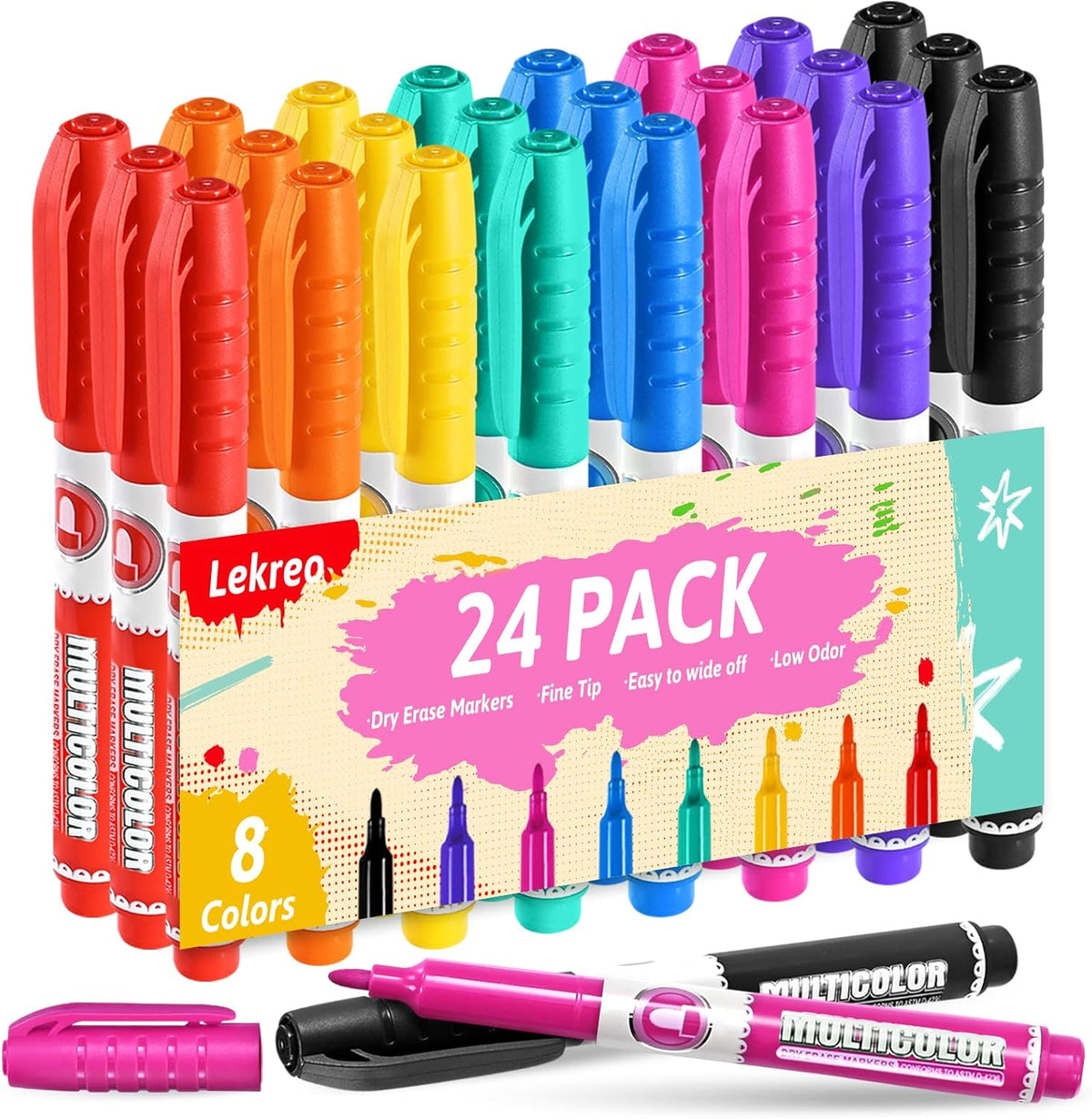 Dry Erase Markers, Fine Tip Whiteboard Marker, Low Odor Dry Marker, Fine Point Markers are pecfect for Whiteboard Mirrors Glass, Assorted Color Markers for School Office Home (24 Pack 8 Colors)