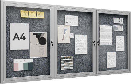 72"x36" Lockable Enclosed Bulletin Board, Outdoor Flet Weather-Resistant Aluminum Frame Notice Board, Wall Mounted Display Case Acrylic Doors for School,Office,Silver Frame w/Grey Flet